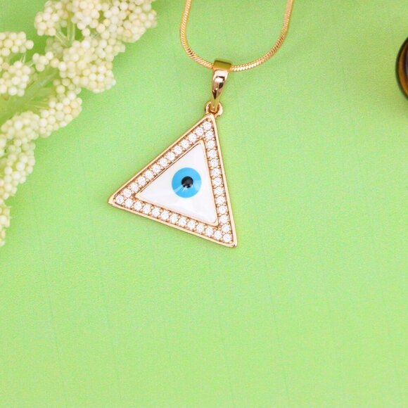 "Triangle Evil Eye Rose Gold Pendant with Cubic Zirconia Border, XPPT1474 - Picture 5 of 13
